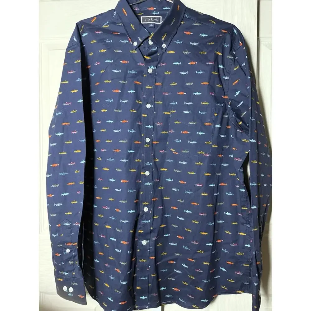 Club Room Men’s XL Long Sleeve Button Down Shirt Blue With Fish Print - Picture 2 of 7